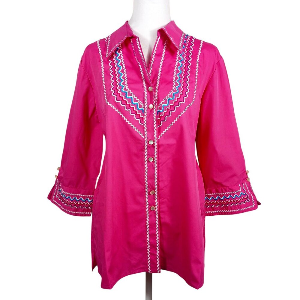 NWT Bob Mackie, Size Large Pink Embroidered Button Front Top, Artsy, Feminine